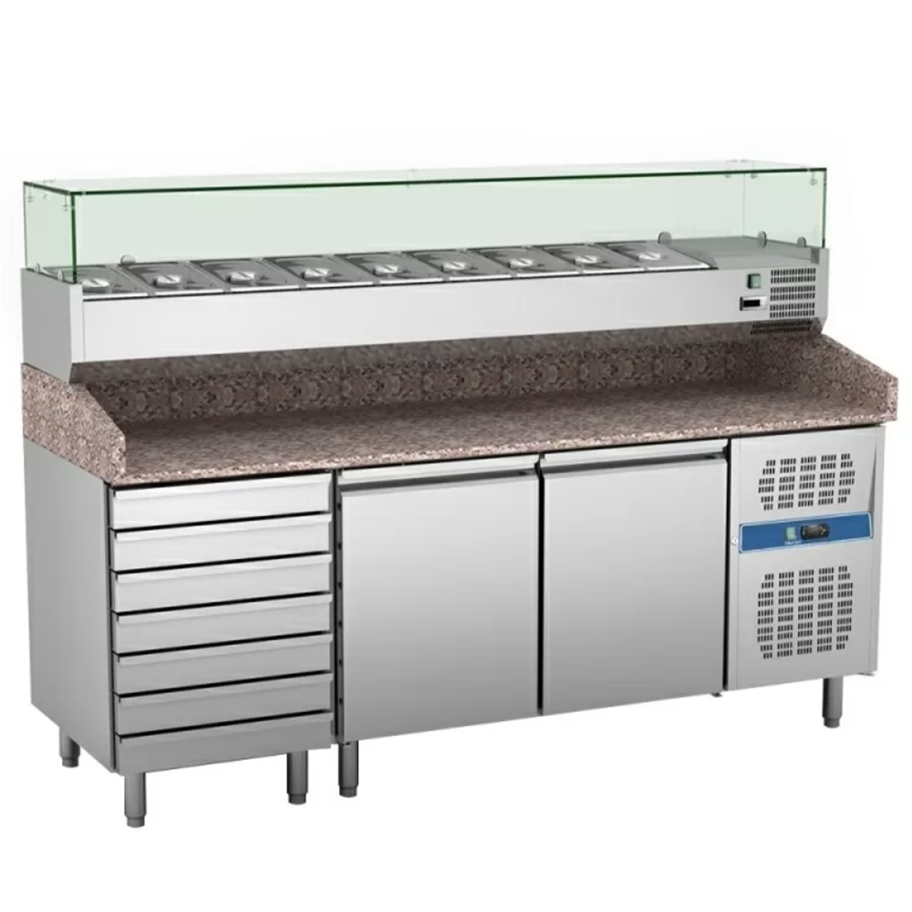 Masa rece preparare pizza, profesionala, vitrina ingrediente, inox, 2 usi si 6 sertare, 580 lt, 202*80*100 cm - 0