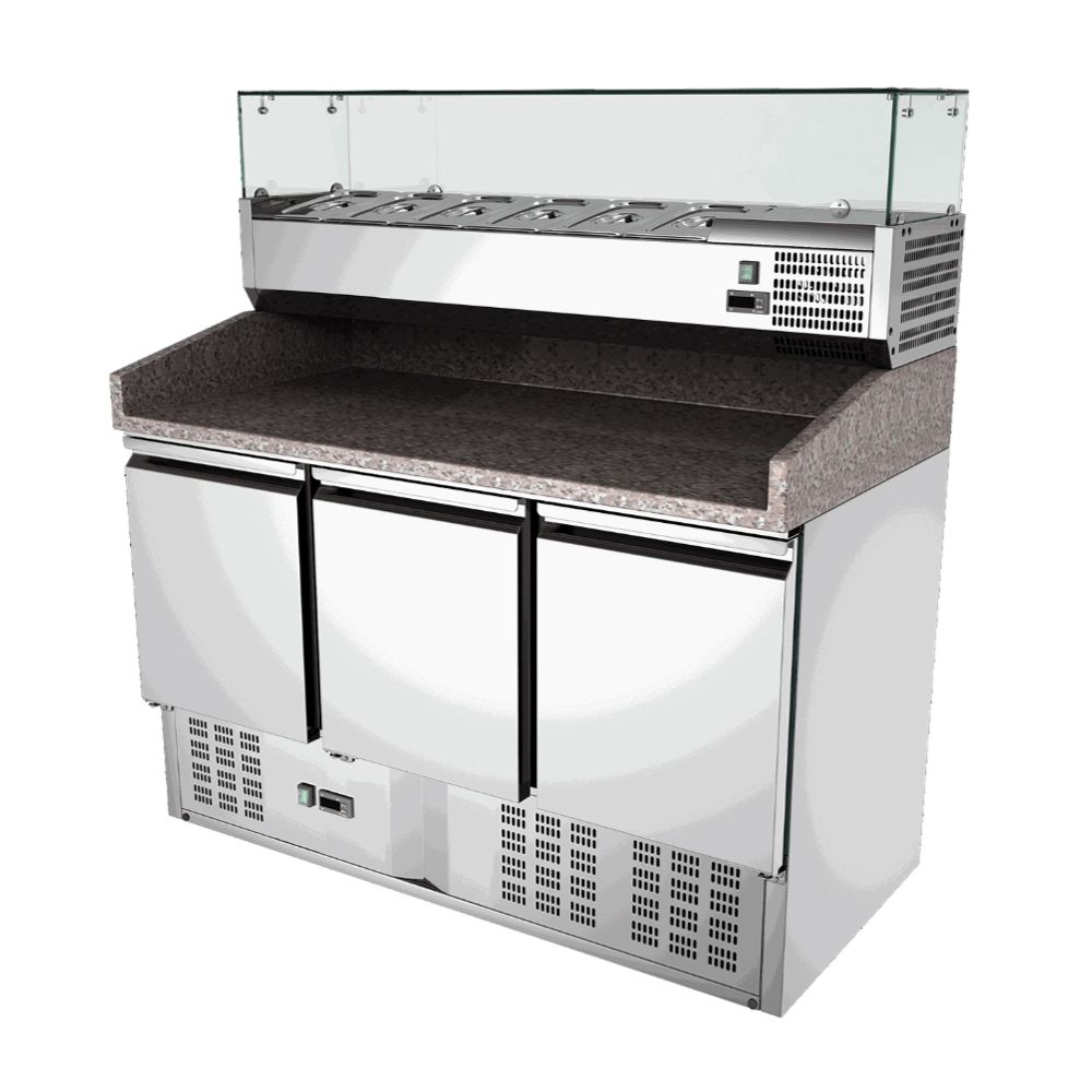 Masa rece preparare pizza, profesionala, vitrina ingrediente, inox, 3 usi, 368 lt, 140*70*102 cm - 0