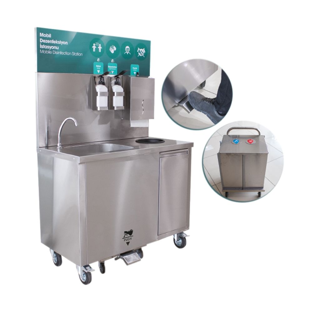 Statie mobila de spalare a mainilor, inox, cu actionare electrica la pedala, cos de gunoi, 102*60*87 / 159 cm - 1