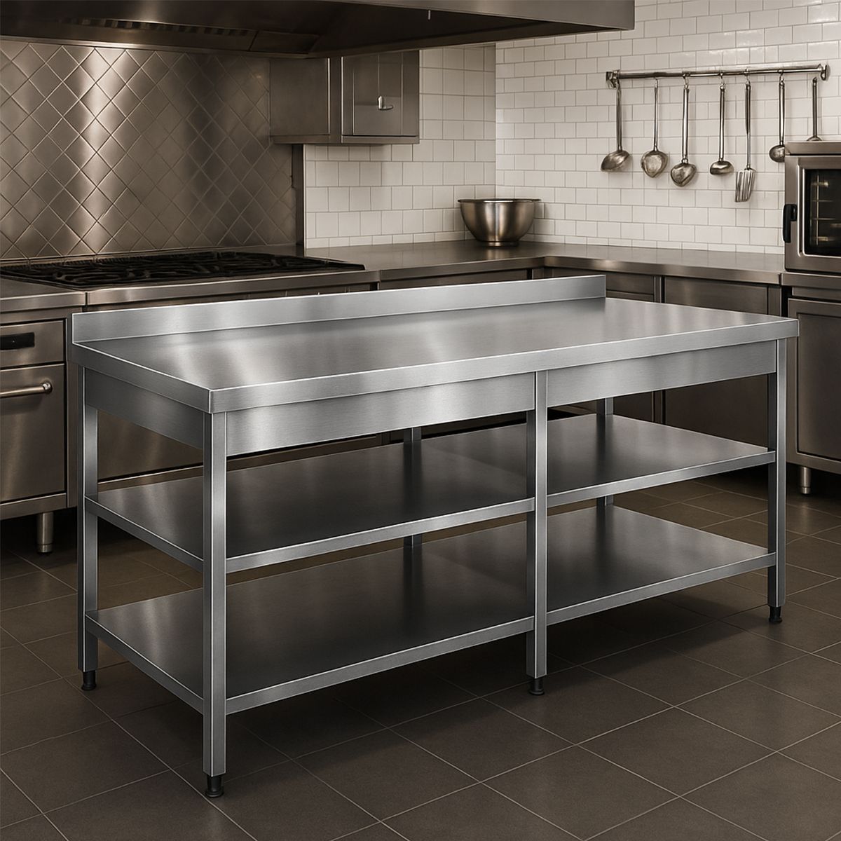 Masa de lucru inox cu polita intermediara si inferioara 220*70*85 - 6