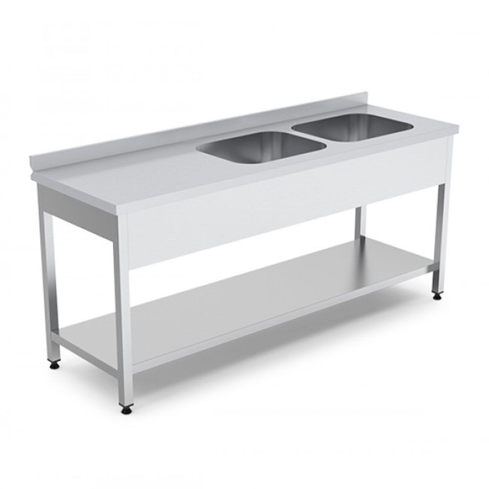 Spalator inox cu 2 cuve pe partea dreapta, cu polita inferioara si picurator 160*70*85 - 0