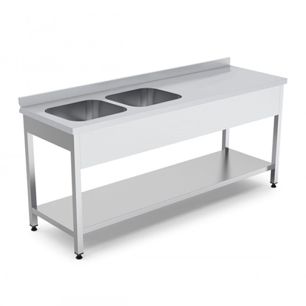 Spalator cu 2 cuve pe partea stanga, cu polita inferioara si picurator, inox, 180*70*85 cm - 0