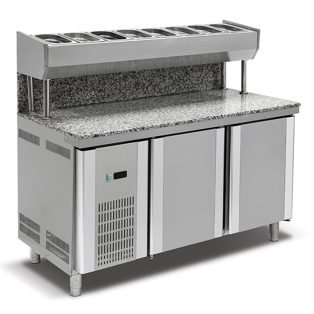 Masa preparare pizza, profesionala, inox, 8 cuve, blat din granit, 300 lt, 150*80*85/135 cm - 0