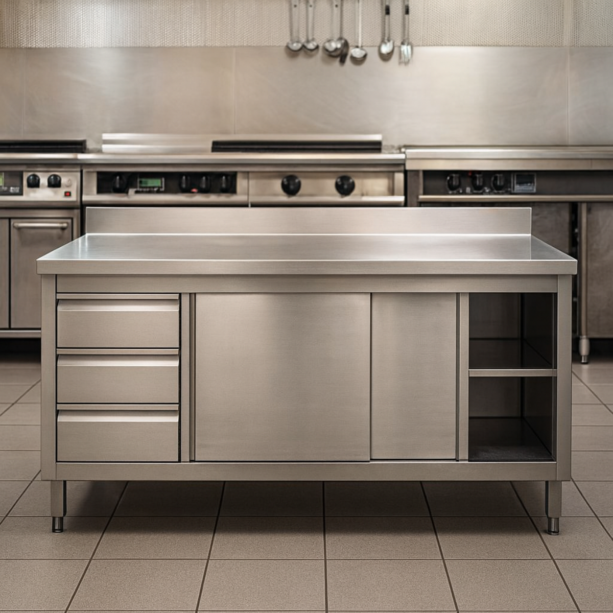 Masa de lucru inox cu dulap, 3 sertare si polita intermediara 220*70*85 - 4