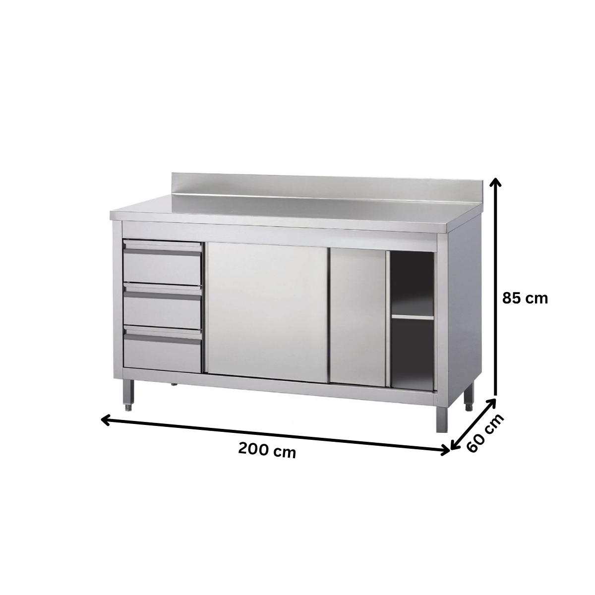 Masa de lucru inox cu dulap, 3 sertare si polita intermediara 200*60*85 - 1