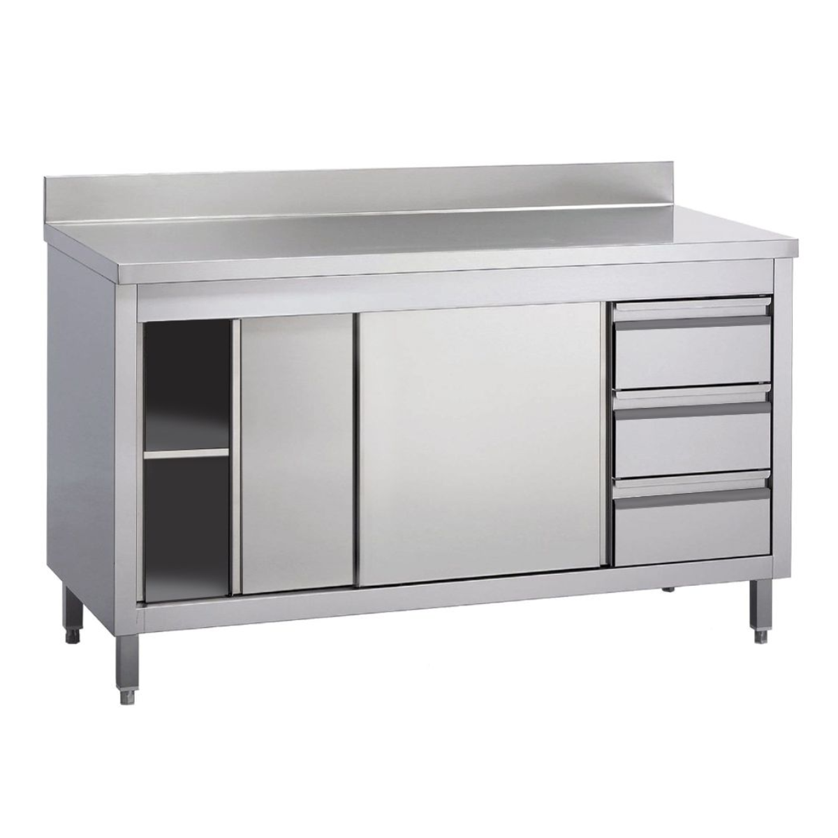 Masa de lucru inox cu dulap, 3 sertare si polita intermediara 220*60*85 - 5