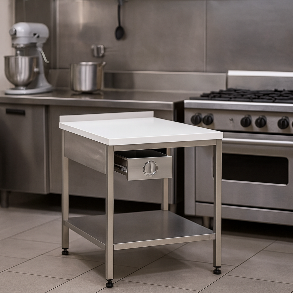 Masa de lucru inox cu blat din polietilena, 1 sertar si polita inferioara 240*60*85 - 4