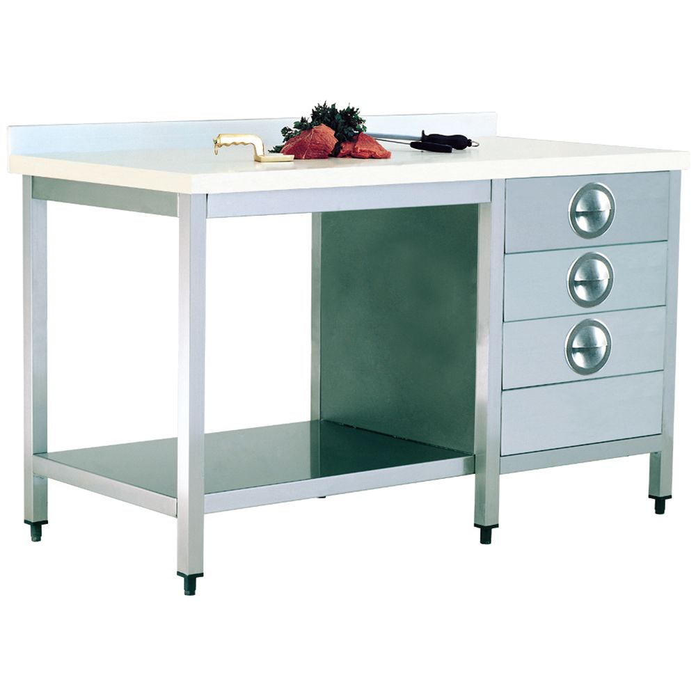 Masa de lucru inox cu blat din polietilena, 3 sertare si polita inferioara 240*60*85 - 0