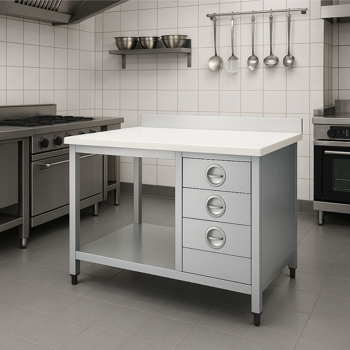 Masa de lucru inox cu blat din polietilena, 3 sertare si polita inferioara 240*60*85 - 3