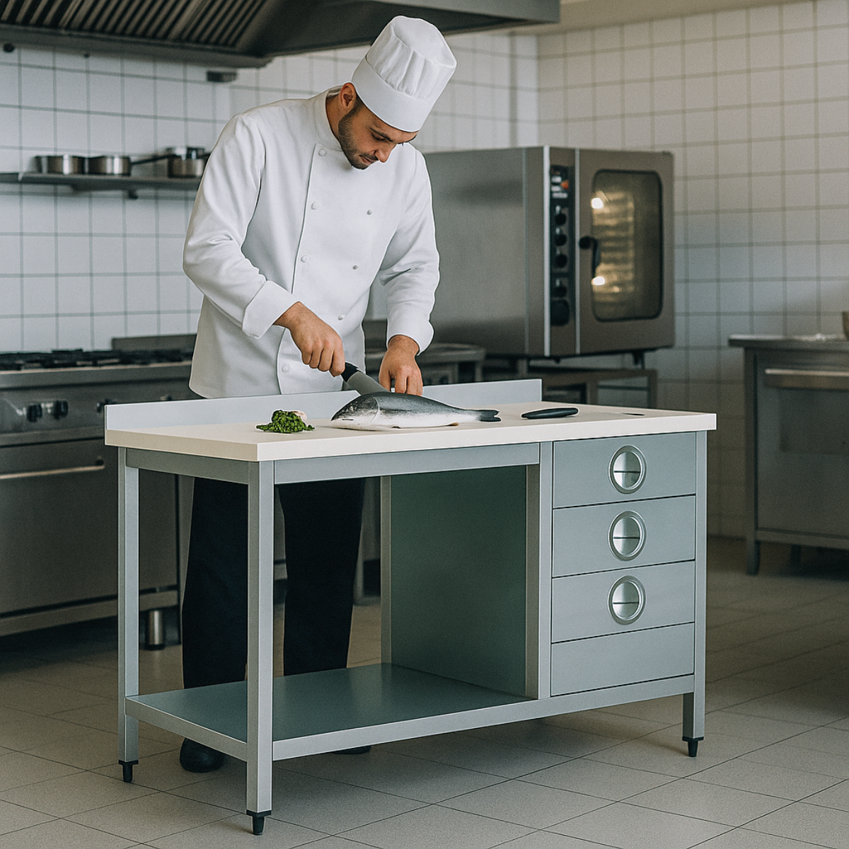 Masa de lucru inox cu blat din polietilena, 3 sertare si polita inferioara 220*70*85 - 4