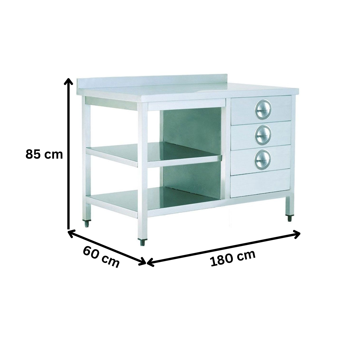 Masa de lucru inox cu polita intermediara si inferioara si 3 sertare 180*60*85 - 1
