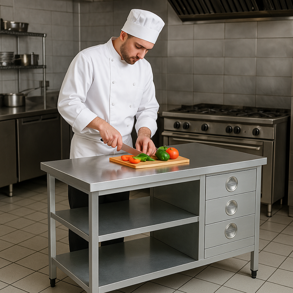 Masa de lucru inox cu polita intermediara si inferioara si 3 sertare 200*60*85 - 5