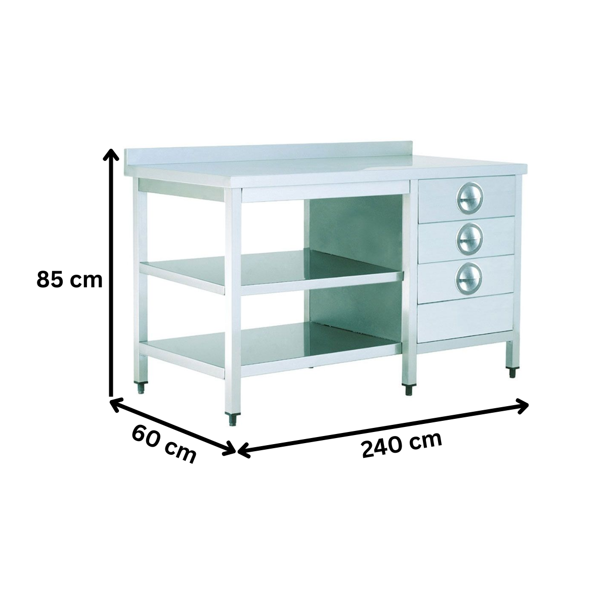 Masa de lucru inox cu polita intermediara si inferioara si 3 sertare 240*60*85 - 1