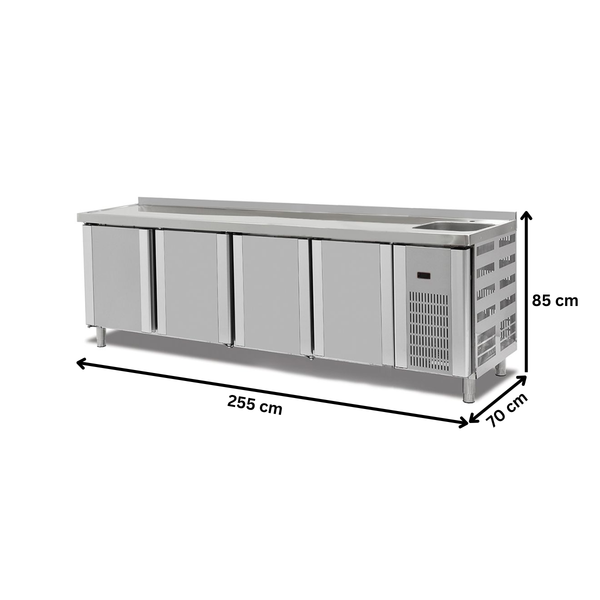 Masa rece, profesionala, inox, 4 usi si chiuveta, 255*70*85 cm - 3