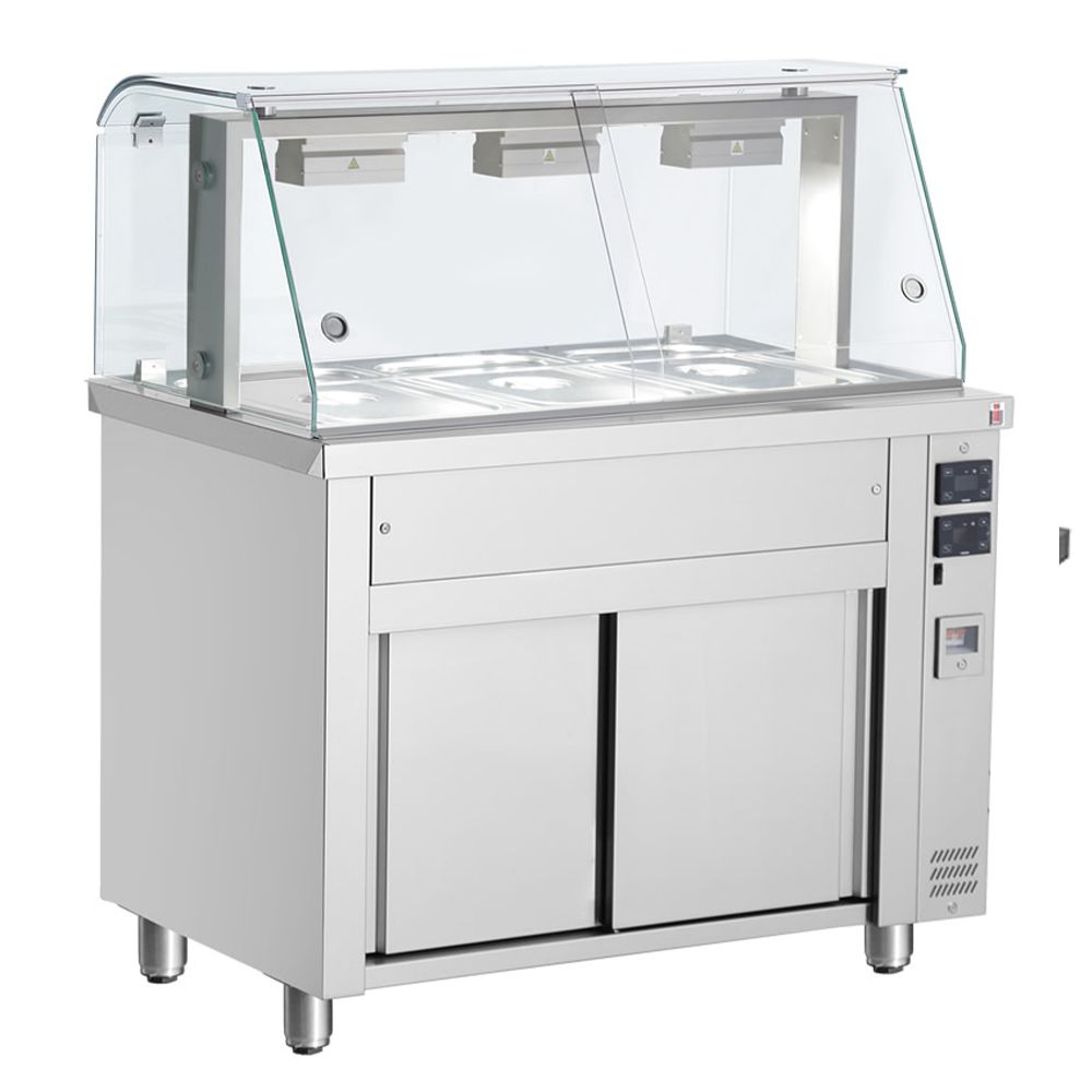 Bain-marie 3 tavi GN 1/1 cu dulap neutru si geam panoramic, 110 cm - 0