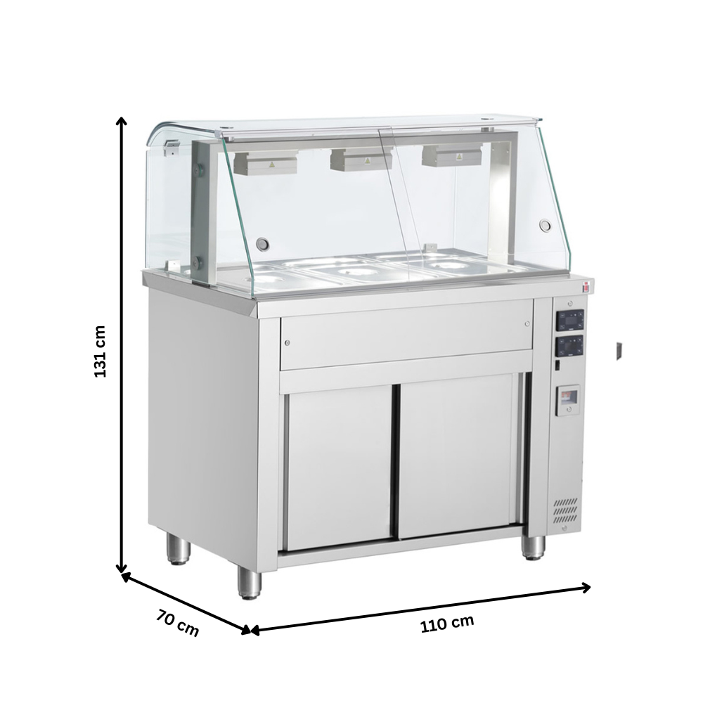 Bain-marie 3 tavi GN 1/1 cu dulap neutru si geam panoramic, 110 cm - 4