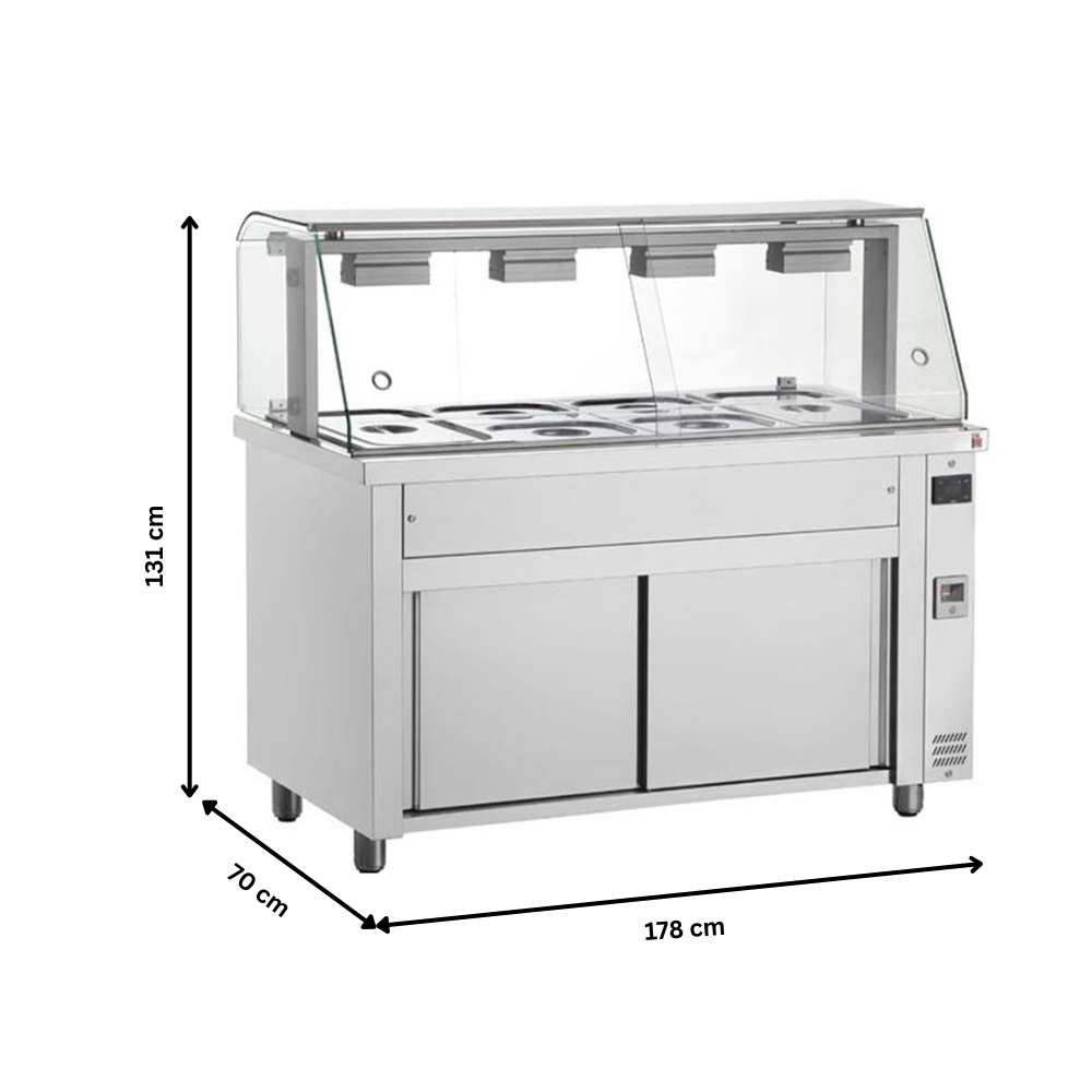 Bain-marie 5 tavi GN 1/1 cu dulap neutru si geam panoramic, 178 cm - 4