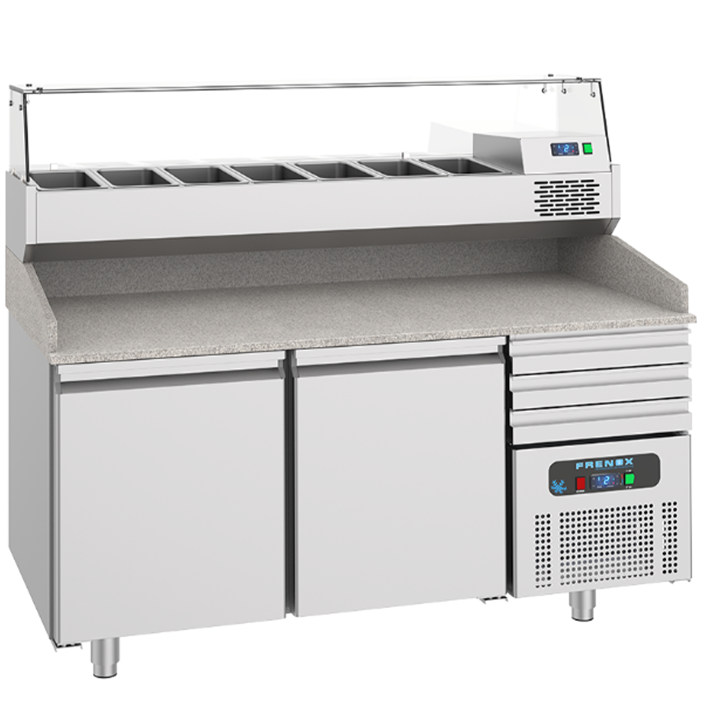 Masa rece preparare pizza FRENOX, profesionala, inox, 2 usi si 3 sertare, 380 lt, 160*80*108 cm - 0