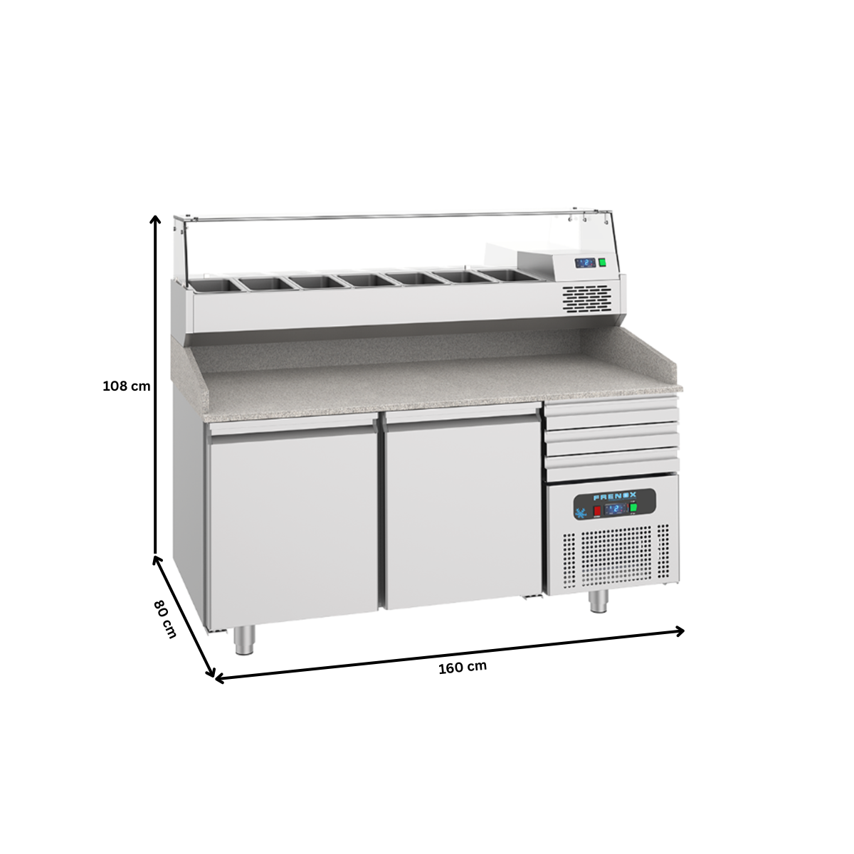 Masa rece preparare pizza FRENOX, profesionala, inox, 2 usi si 3 sertare, 380 lt, 160*80*108 cm - 5