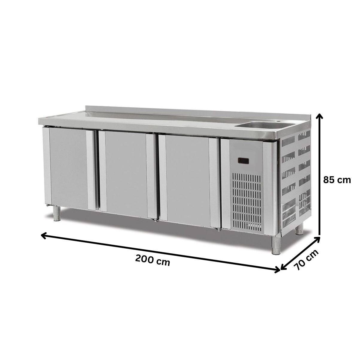 Masa rece, profesionala, inox, 3 usi si chiuveta, 200*70*85 cm - 1
