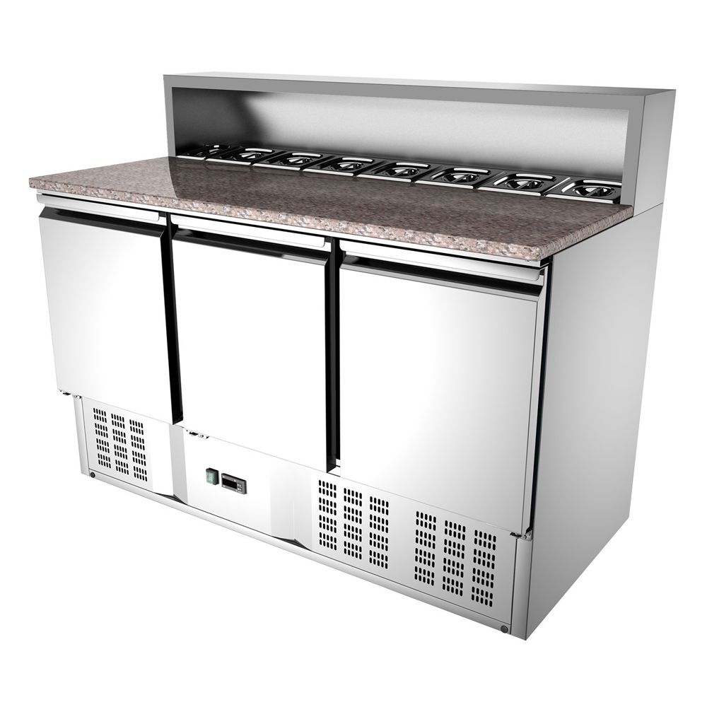 Masa rece preparare pizza, profesionala, inox, 3 usi si 8 cuve, 402 lt, 136*70*107 cm - 0