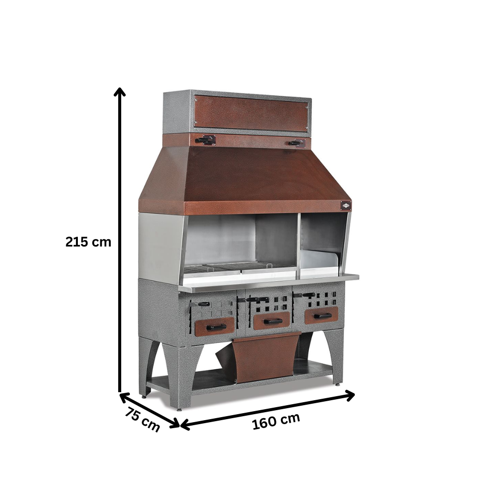 Grill pe carbuni profesional, inox, cu hota monobloc, 160*75*215 cm - 1