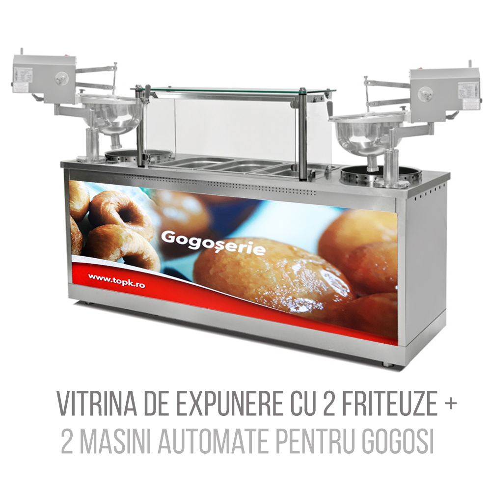 Vitrina de expunere gogosi, 2 friteuze pe gaz, inox, 25 + 25 lt, 220*70*85 / 132 cm - 1
