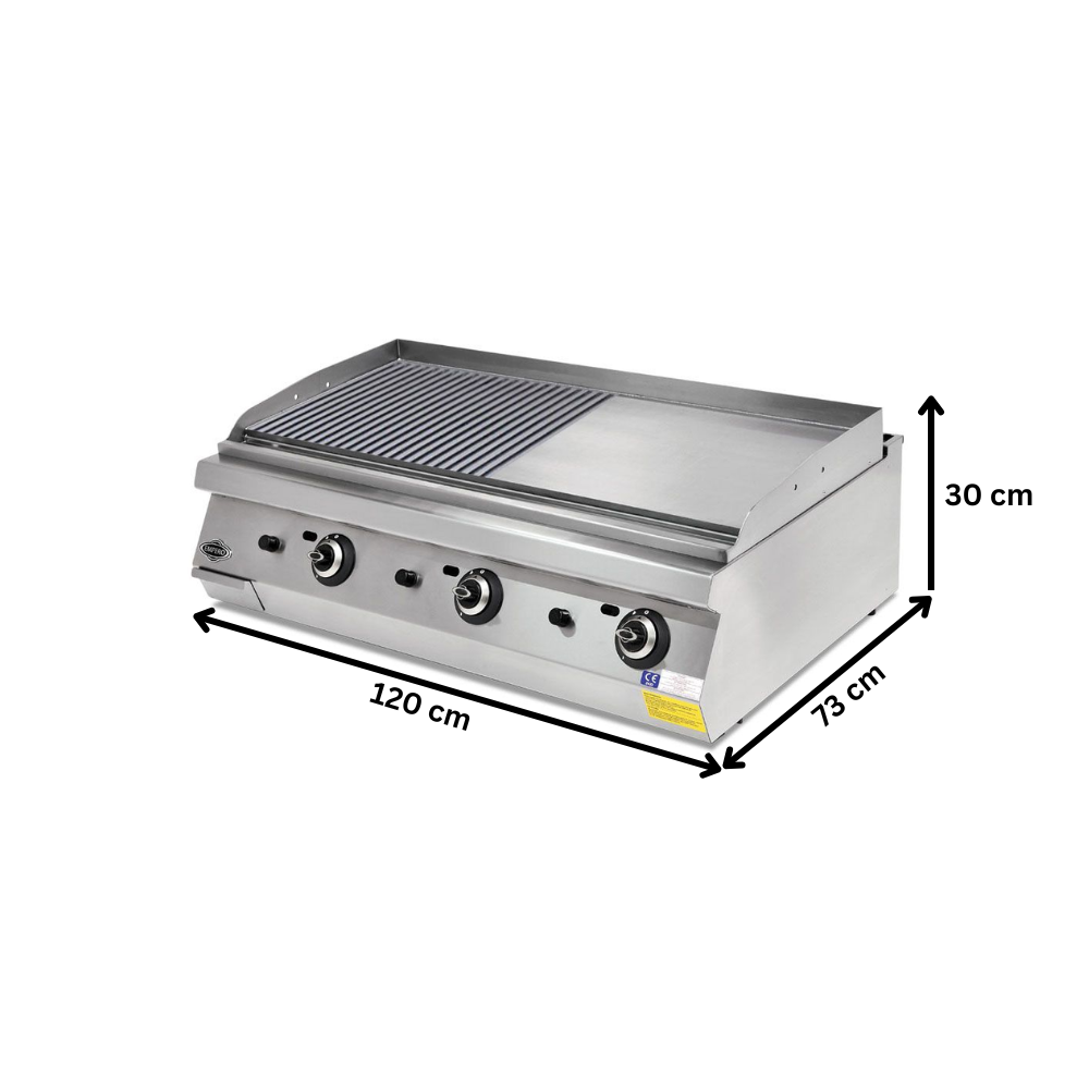 Grill pe gaz profesional, inox, cu suprafata neteda si striata cromata PLUS, 120*73*30 cm - 1
