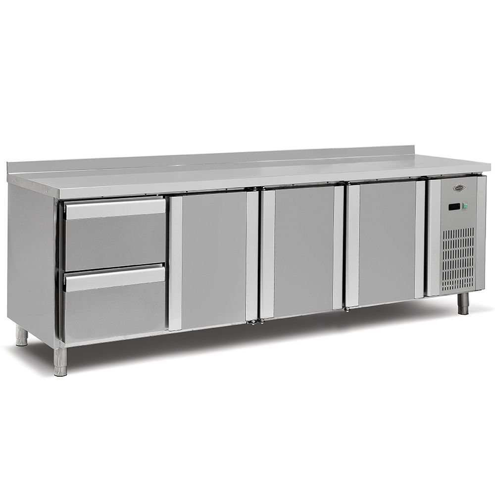 Masa rece inox cu 3 usi, profesionala, 2 sertare - 0