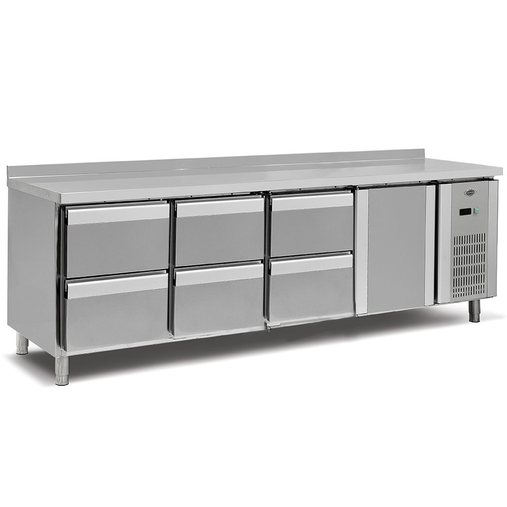 Masa rece, profesionala, inox, 1 usa, 6 sertare, 255*70*85 cm - 0