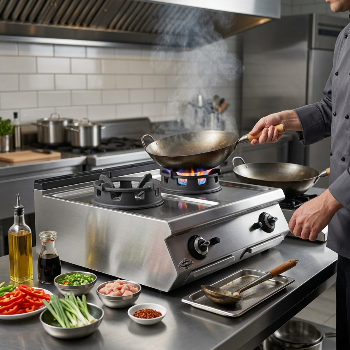 Masina de gatit pe gaz, inox, cu 2 arzatoare tip wok PLUS, 80*90*30 cm - 2