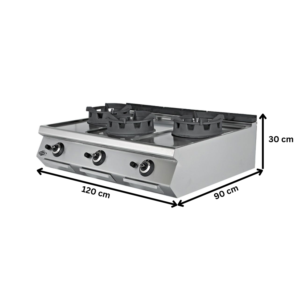 Masina de gatit pe gaz, inox, cu 3 arzatoare tip wok PLUS, 120*90*30 cm - 1