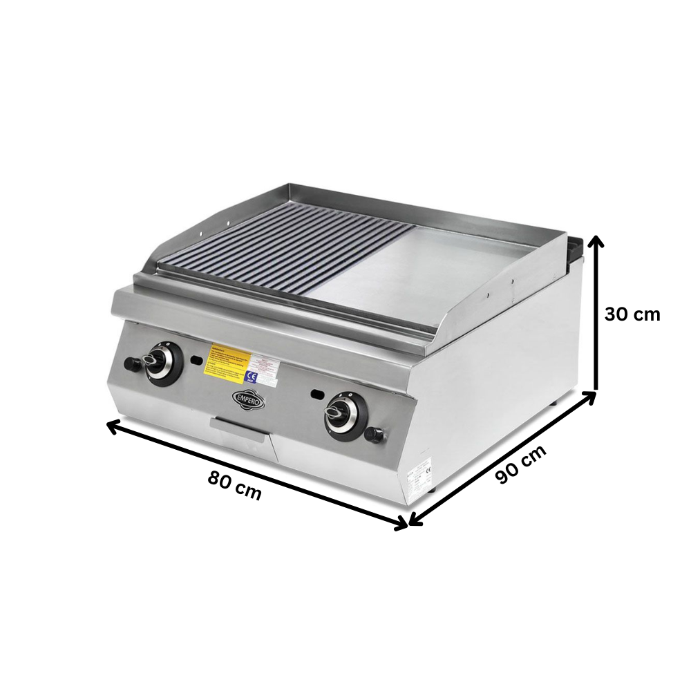 Grill pe gaz profesional, inox, cu suprafata neteda si striata cromata PLUS, 80*90*30 cm - 1