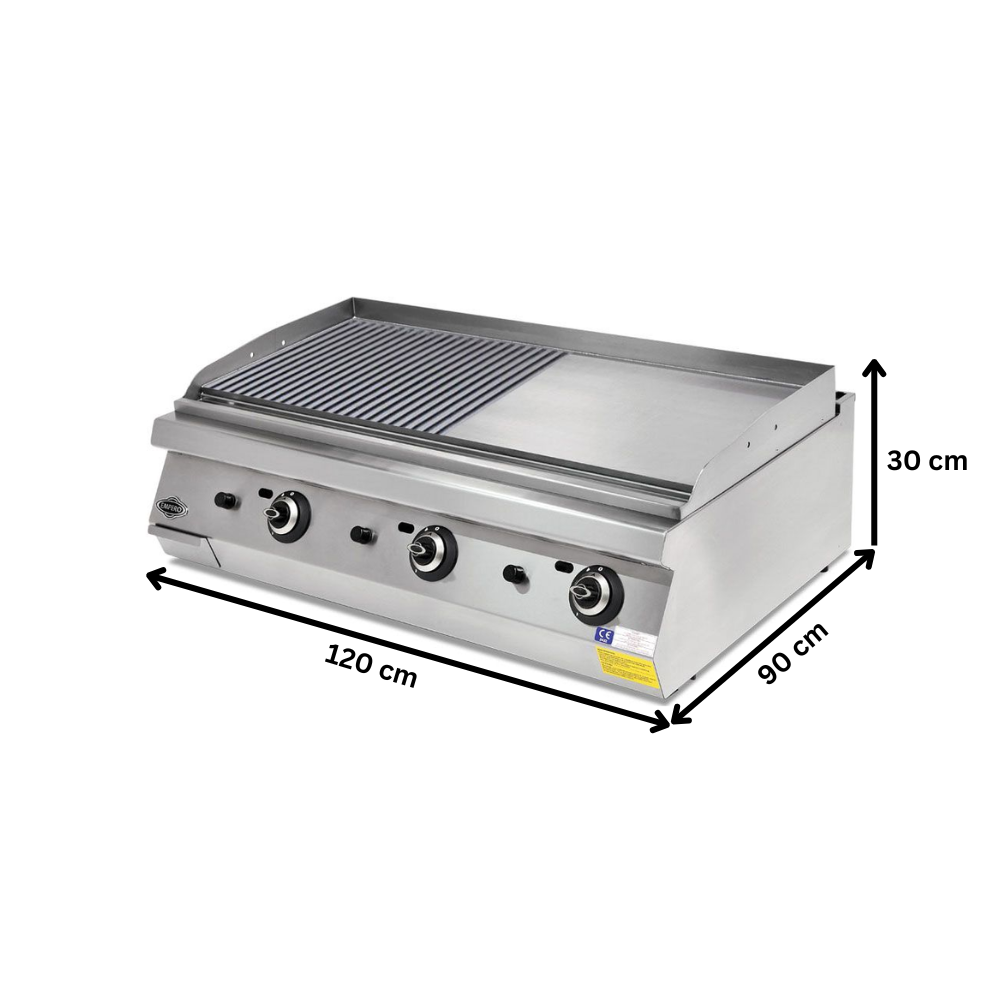 Grill pe gaz profesiona, inox, cu suprafata neteda si striata cromata PLUS, 120*90*30 cm - 1