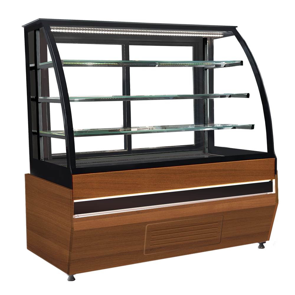 Vitrina neutra orizontala, decor lemn A333-BERGAMA, geam curbat, 130 cm - 0