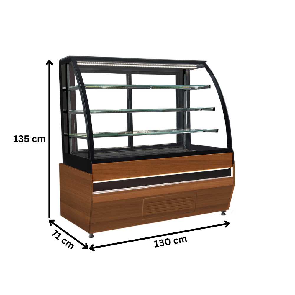 Vitrina neutra orizontala, decor lemn A333-BERGAMA, geam curbat, 130 cm - 1