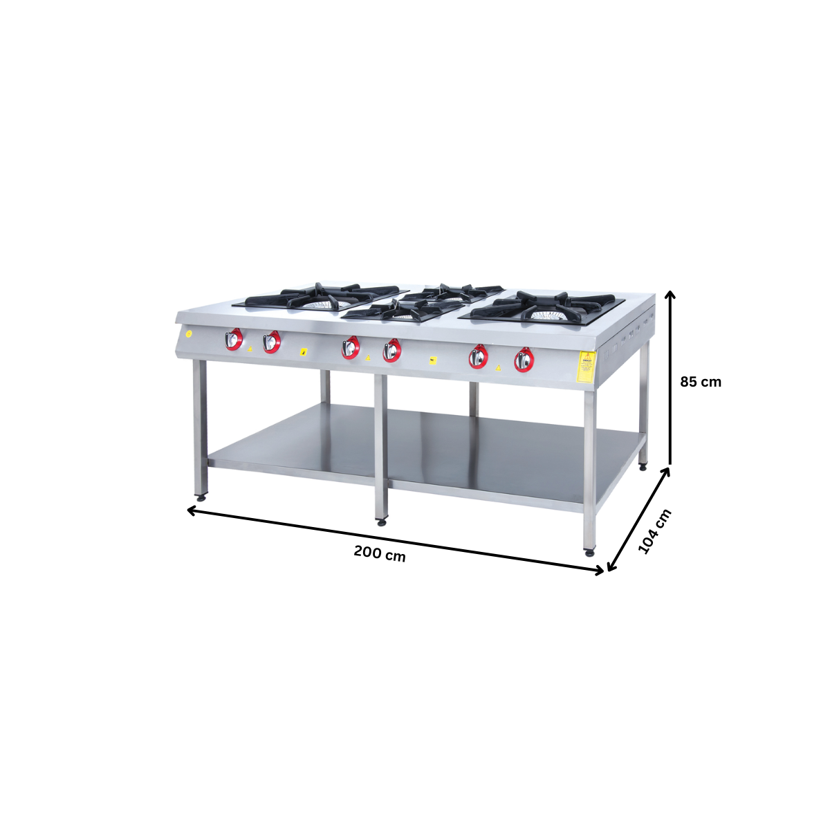 Masina de gatit pe gaz, inox, cu 4 arzatoare, suport podea cu polita, 200*104*85 cm - 1