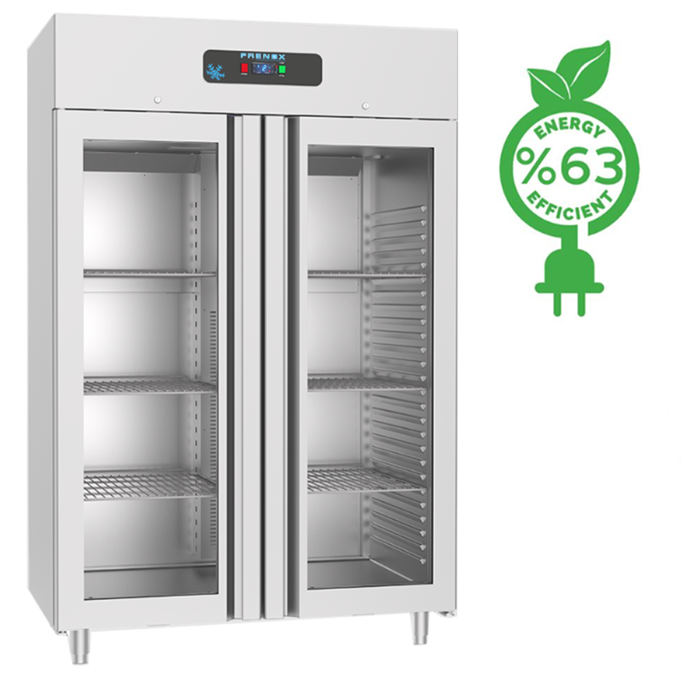 Dulap congelator vertical inox, FRENOX cu 2 usi din sticla, Eficienta Energetica, 1400 lt - 1