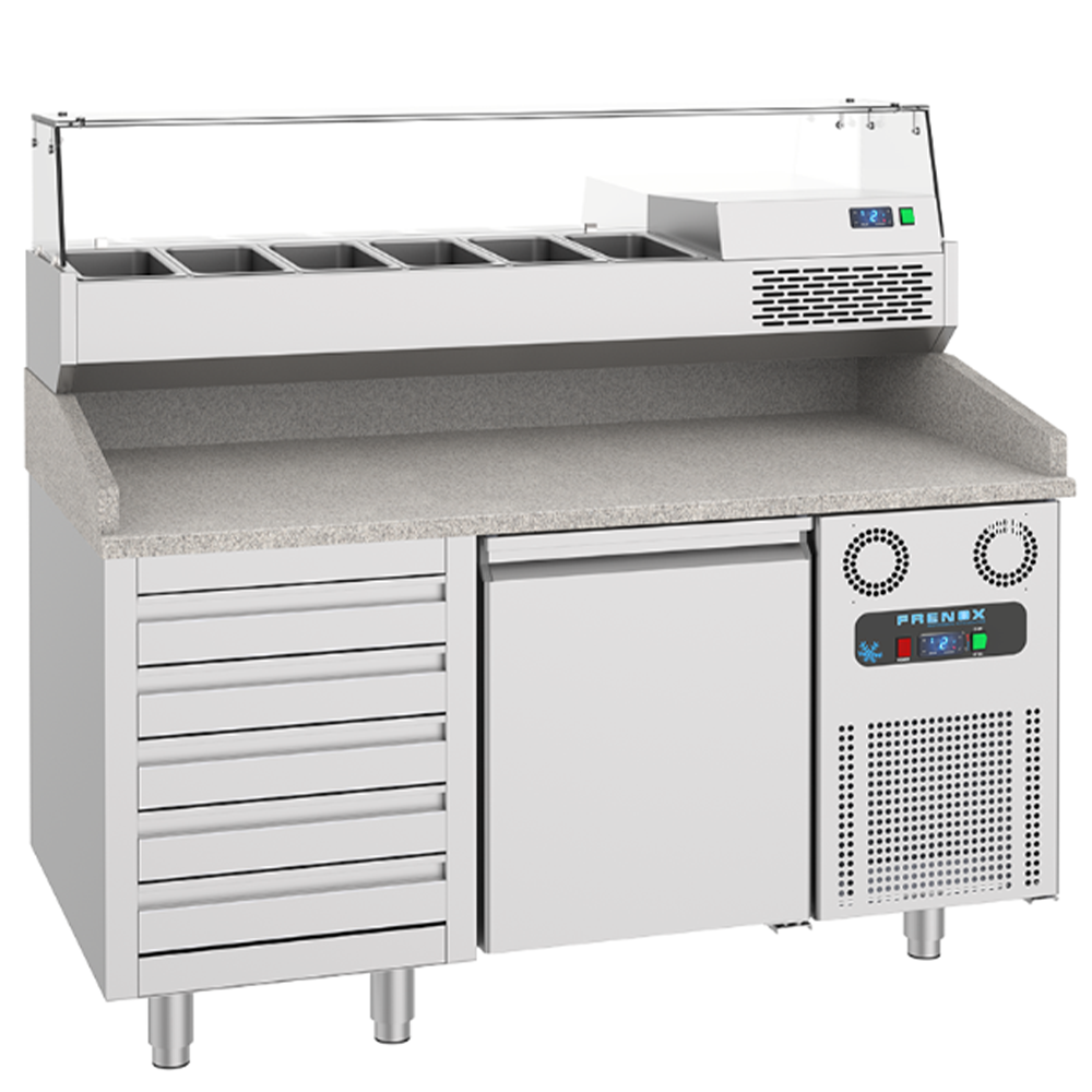 Masa rece preparare pizza FRENOX, profesionala, 1 usa si 5 sertare, 380 lt, 155*80*108 cm - 0