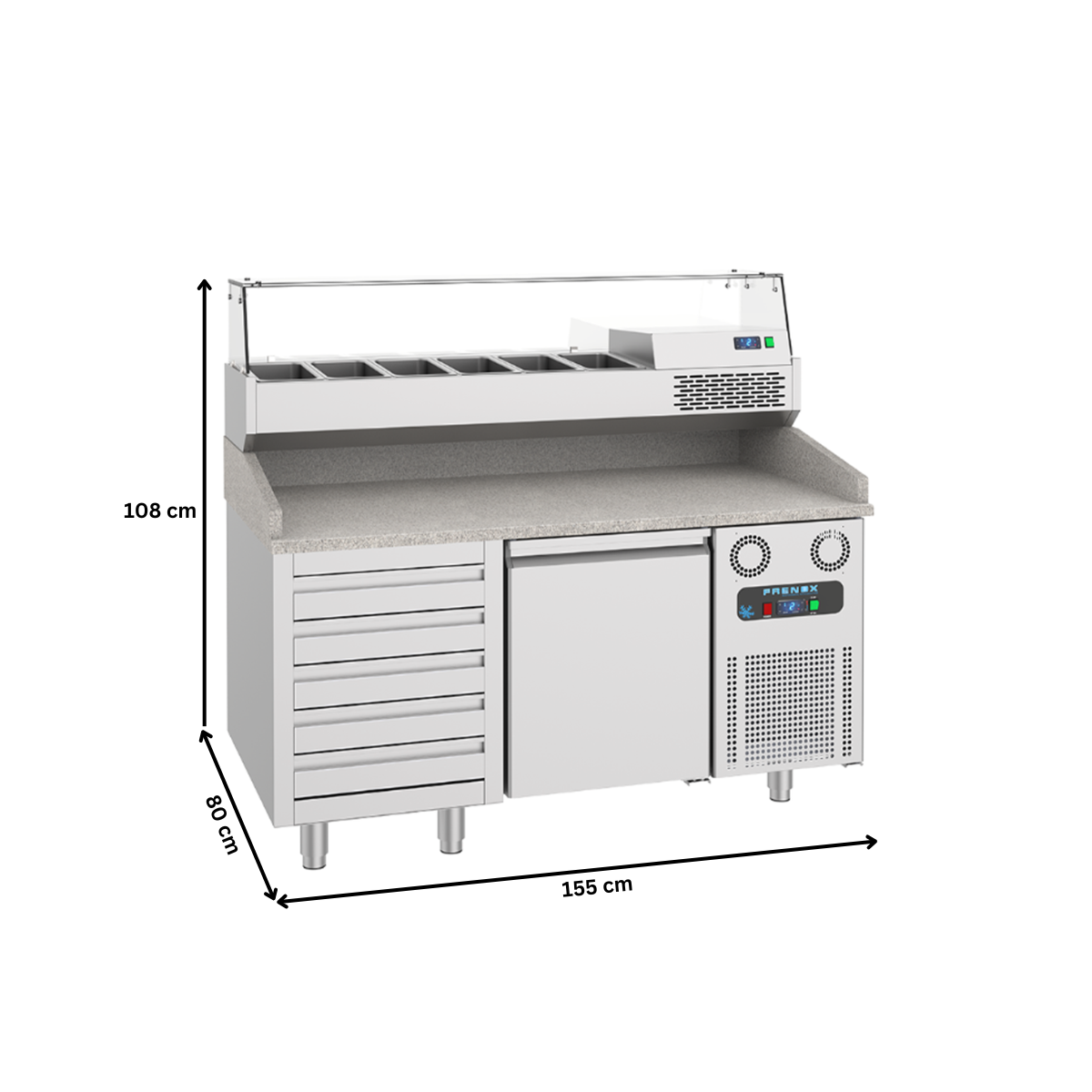 Masa rece preparare pizza FRENOX, profesionala, 1 usa si 5 sertare, 380 lt, 155*80*108 cm - 6