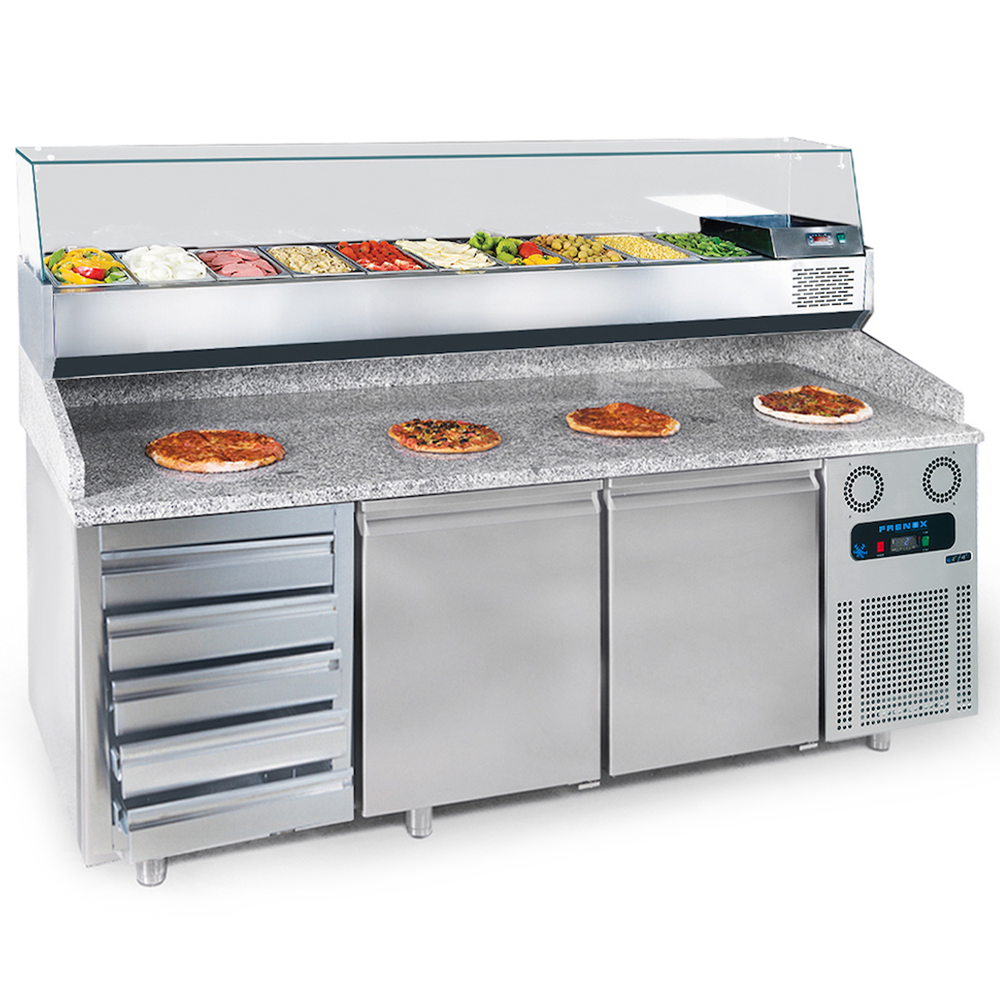 Masa rece preparare pizza FRENOX, profesionala, inox, 2 usi si 5 sertare, 615 lt, 210*80*108 cm - 1