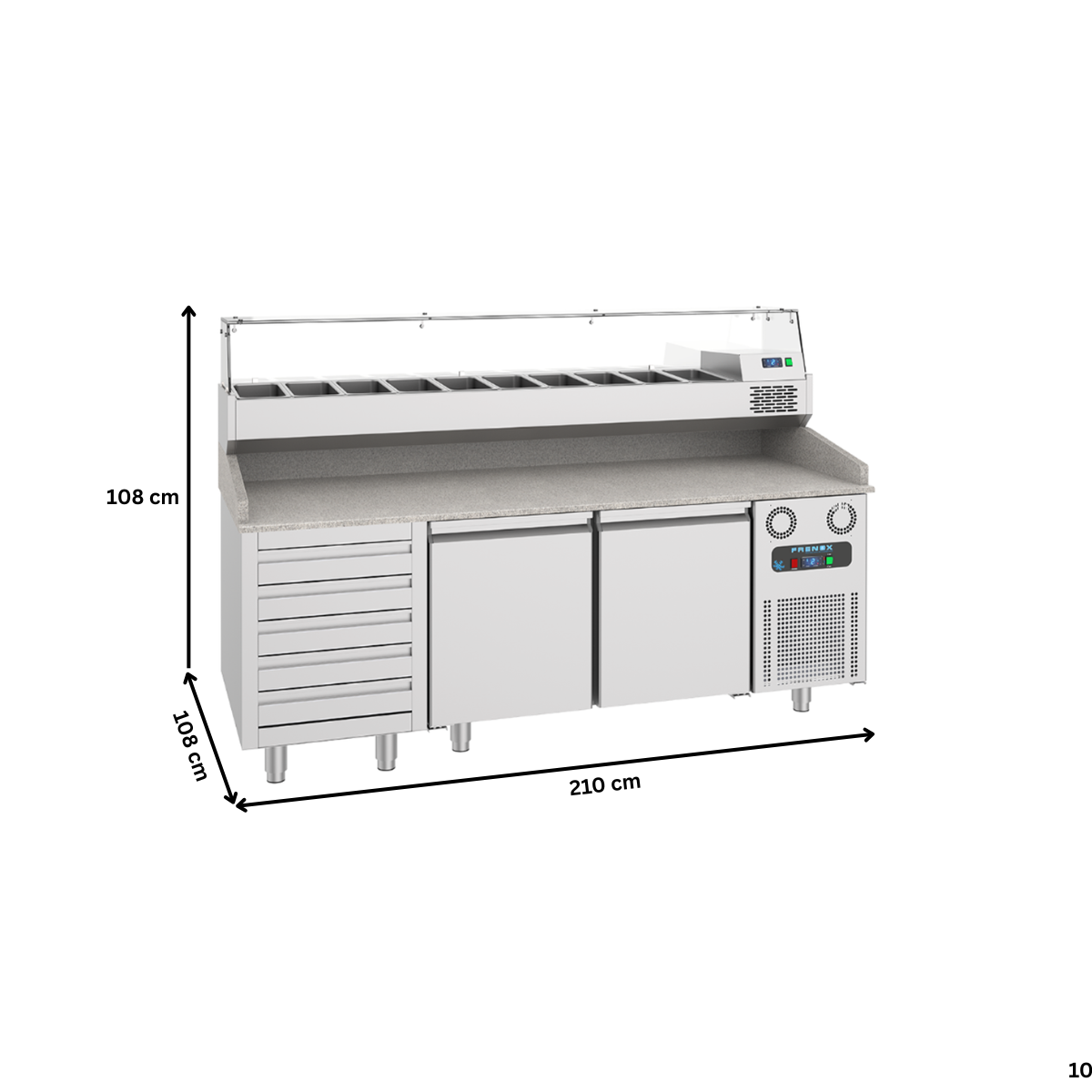 Masa rece preparare pizza FRENOX, profesionala, inox, 2 usi si 5 sertare, 615 lt, 210*80*108 cm - 6