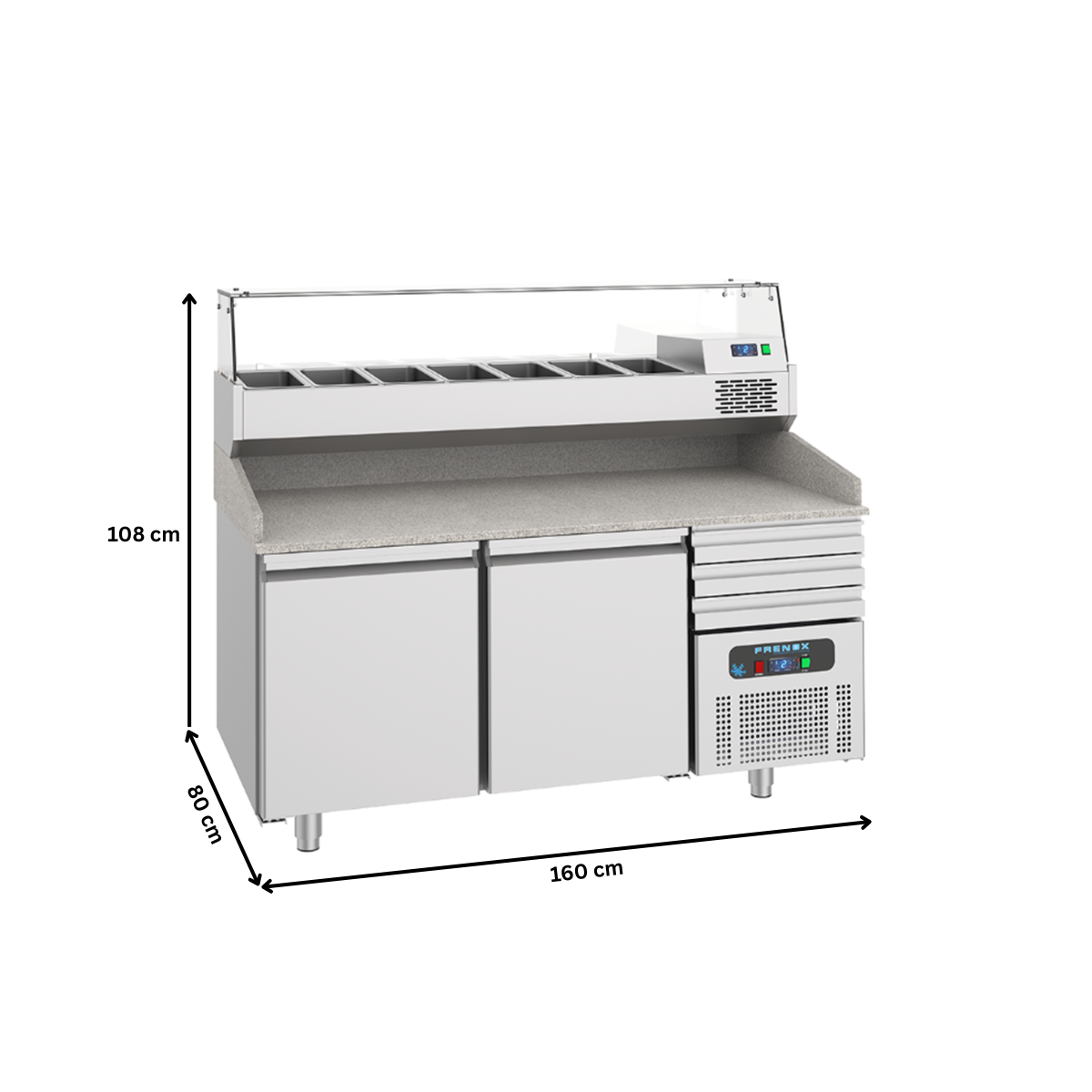 Masa rece preparare pizza FRENOX, profesionala, inox, 2 usi si 3 sertare, 380 lt, 160*80*108 cm - 5