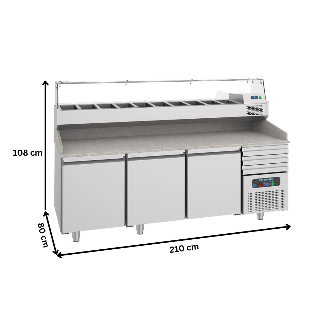 Masa rece preparare pizza FRENOX, profesionala, inox, 3 usi si 3 sertare, 615 lt, 210*80*108 cm - 5
