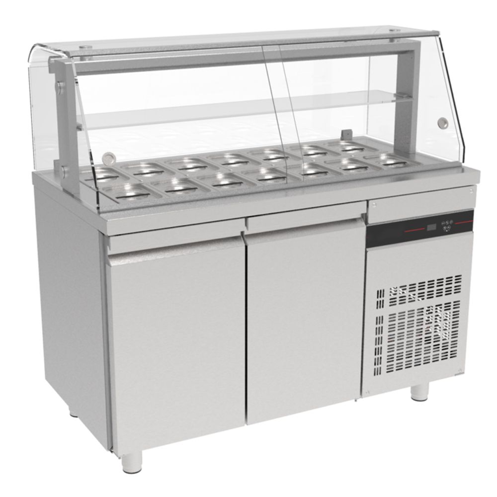 Salad bar 14 GN 1/4 cu 2 usi si geam panoramic cu roti, 270 lt. - 0