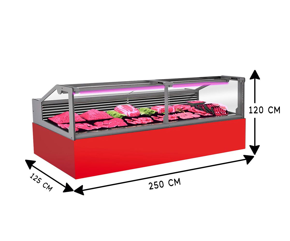 Vitrina frigorifica pentru carne, specialitati, mezeluri 260 cm, Rosu RAL3020, iluminare LED carne, FULL STATIC, motor silentios - 3