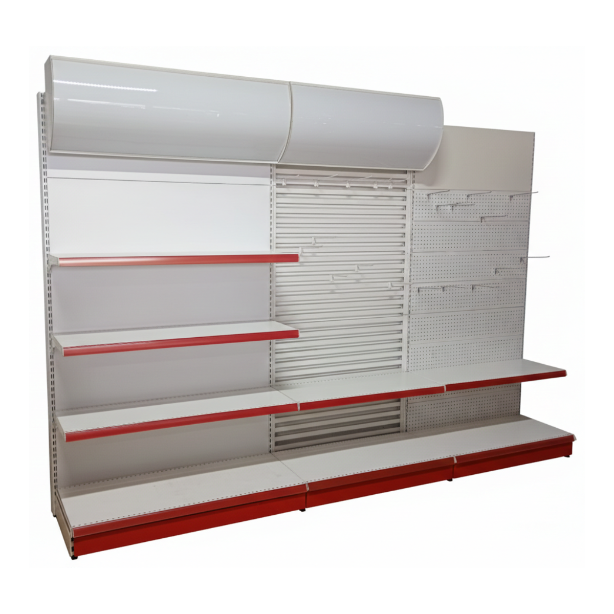 Tronson rafturi metalice pentru magazin, 3.3 ml, H 227 cm, baza 50 cm, polite 40 cm, cu sapca si 20 carlige incluse - 0