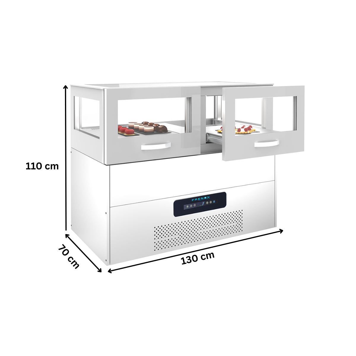 VITRINA FRIGORIFICA ORIZONTALA, 2 SERTARE, FRENOX, CIOCOLATA, PRAJITURI SI COFETARIE, 130 LT, 130*70*110 CM - 1