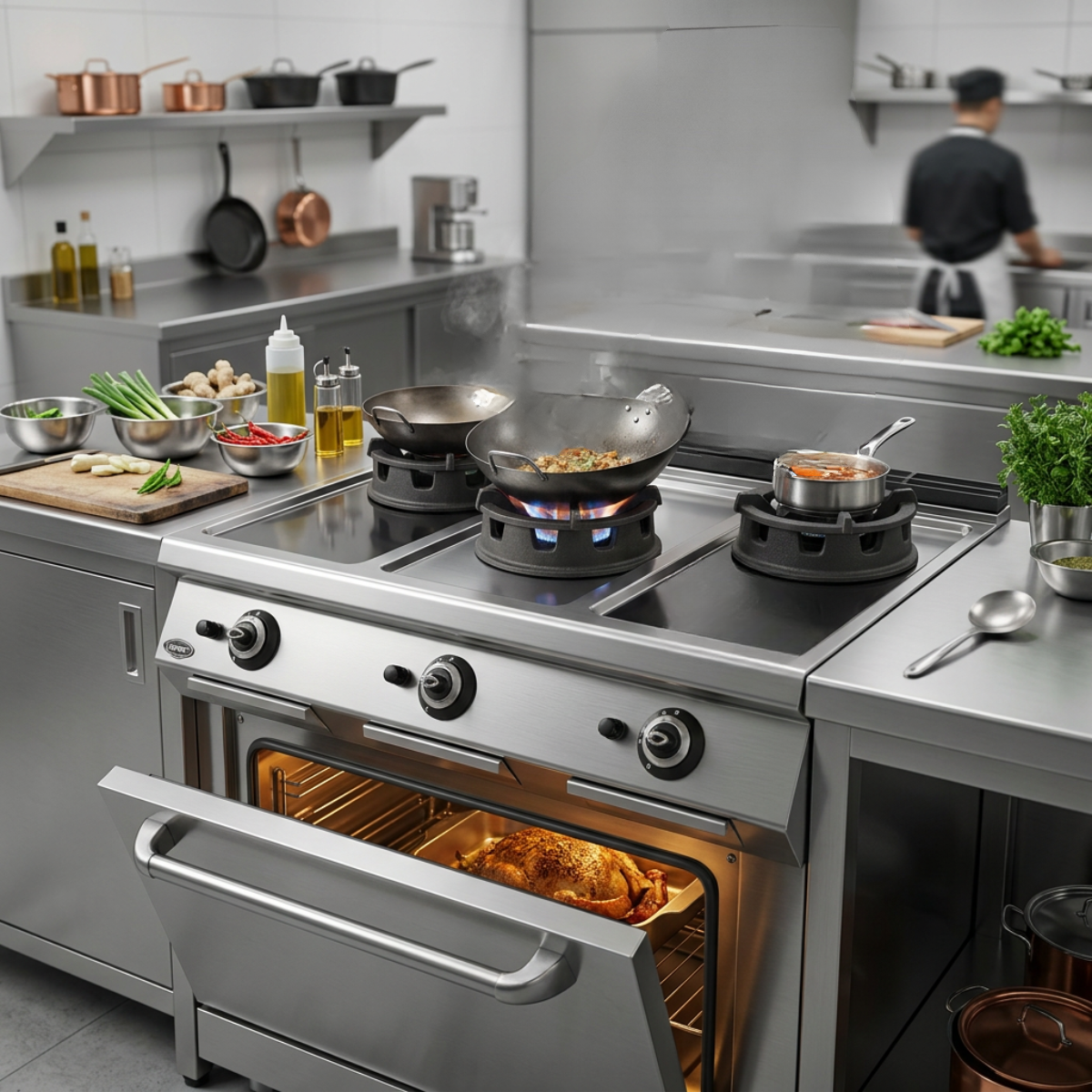 Masina de gatit pe gaz, inox, cu 3 arzatoare tip wok PLUS, 120*73*30 cm - 4