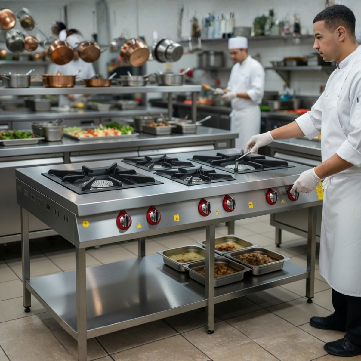 Masina de gatit pe gaz, inox, cu 4 arzatoare, suport podea cu polita, 200*104*85 cm - 2